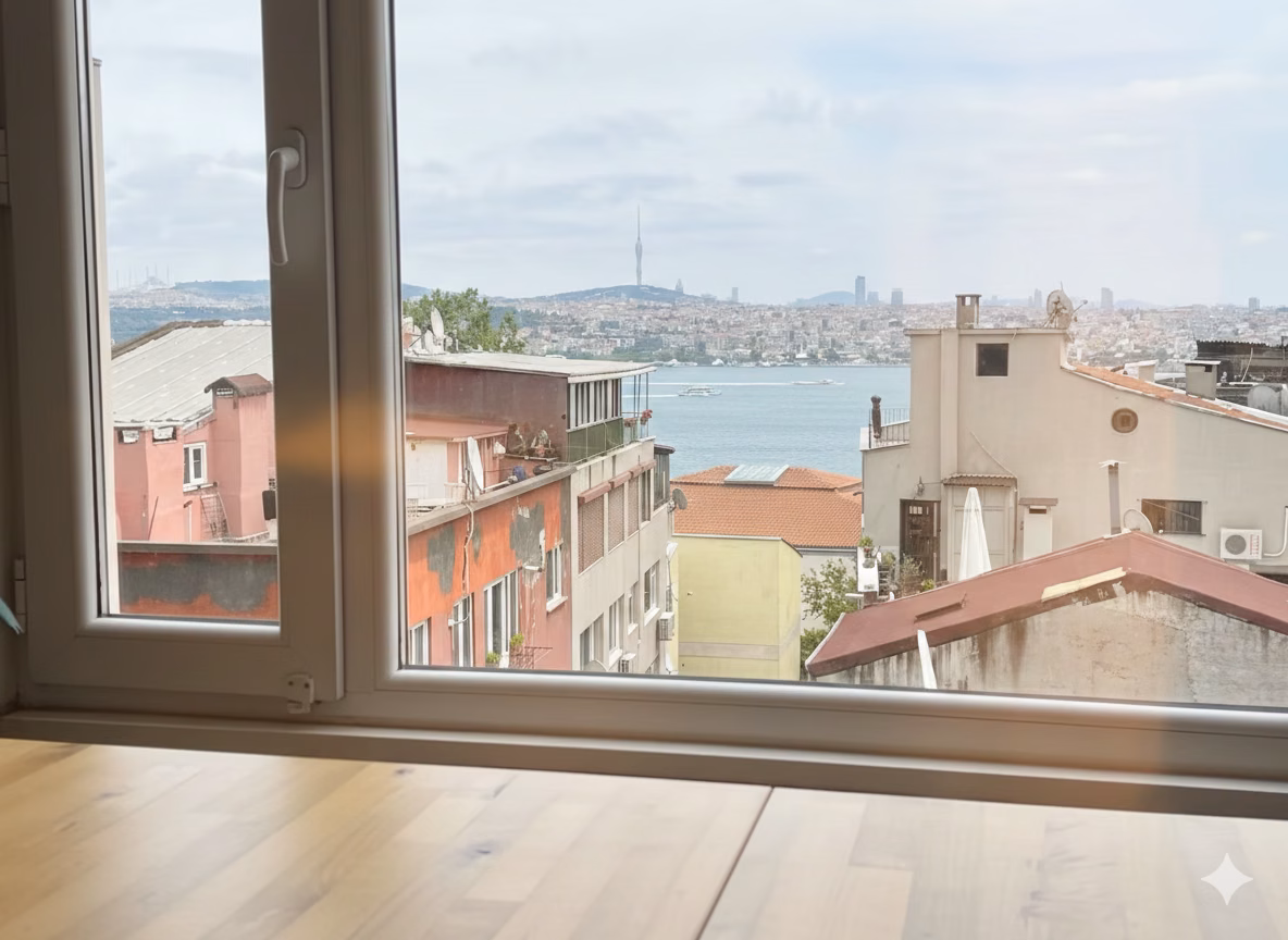 Gümüssuyu Airbnb Ruhsatlı Boğaz Manzaralı Satılık Ferah Daire · Boğaz manzarası ve salon · fotoğraf 1
